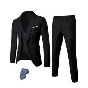 MYS Men's 3 Piece Slim Fit Suit Set, One Button Solid Jacket Vest Pants with Tie
